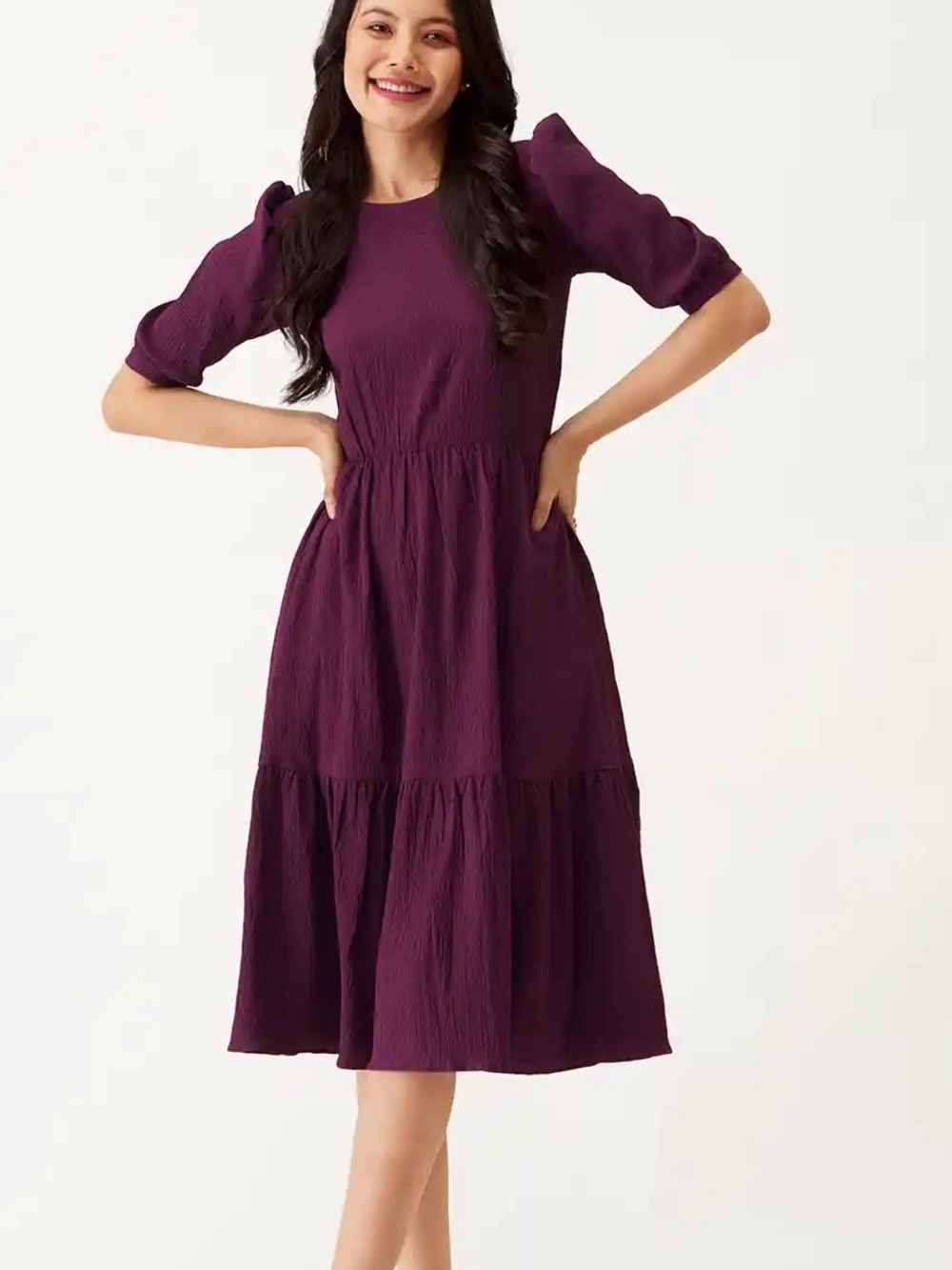 Tiered Midi Dress with Puff Sleeves in Plum